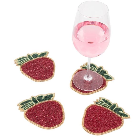 🆕 on cloud 9: Hand Beaded Strawberry Shaped Coaster Set - Picture 8 of 8